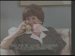 ["In her 1994 presidential campaign ad, Democratic candidate Louise McIntosh Slaughter showcases her dedication by listening attentively to constituents��������� concerns about the economy and jobs, maintaining exceptional Congressional attendance, and actively engaging with community members. The ad emphasizes her commitment to change, highlighting her hands-on approach to leadership and impactful legislative work."]