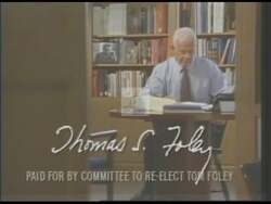 ["In the 1994 campaign ad, Democratic candidate Thomas S. Foley earnestly addresses voters, pledging his dedication and advocacy for local issues and community values. Scenes of Foley speaking passionately at various rallies, with American flags and eager crowds, emphasize his commitment to represent and address local and national concerns."]