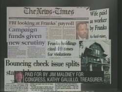 ["In a 1994 political TV ad, Democratic candidate Jim Maloney critiques Republican Congressman Gary Franks, highlighting alleged financial misconduct and ethics violations. The ad uses scenes portraying a defensive Franks amid media scrutiny, with overlaid texts summarizing mismanagement accusations. Franks appears both confident and distressed throughout the ad, which maintains a dark, negative tone to emphasize the claims."]