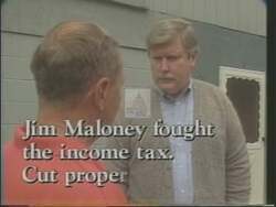["In the 1994 campaign ad for Democratic candidate Jim Maloney, the focus is on criticizing opponent Gary Franks. The ad portrays Franks performing the \"Washington Shuffle,\" a metaphor for political evasion, across various scenes. It highlights Franks' alleged involvement in tax liens, an FBI investigation, and deceitful practices by showing him dancing awkwardly amidst controversies, while Maloney accuses him of corruption and deception. The ad is designed to depict Franks as untrustworthy and dishonest in contrast to Maloney's emphasis on justice and tax cuts."]