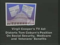 ["In this political advertisement, the National Committee for the Preservation of Social Security and Medicare endorses Tom Coburn for Congress, asserting his commitment to protecting Social Security and Medicare. It accuses Virgil Cooper of misleading the public about Coburn's stance on these issues, thereby harming both Coburn's reputation and the interests of senior citizens."]