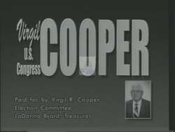 ["In Virgil R. Cooper's 1994 presidential campaign ad, Mike Sinar appears anxious amid the sound of a ticking clock, accentuating a need for immediate change. He checks his watch multiple times in various scenes, including a dim, cluttered office. The ad includes campaign posters, reinforcing the urgency of electing Cooper."]
