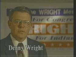 ["In a 1994 political TV ad, Republican Party candidate Denny Wright, amidst campaign banners and American flags, confidently addresses an enthusiastic crowd and emphatically appeals for voter support. Throughout various scenes, he stands at a podium, making direct contact with the audience, urging participation and vote solicitation with a stern yet hopeful demeanor. His consistent, genuine appeal emphasizes his commitment, ending with a grateful smile toward viewers."]