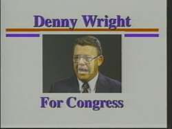 ["In a 1994 presidential campaign ad, Republican candidate Denny Wright, a seasoned businessman, emphasized his commitment to principled leadership and decisive decision-making. Scenes of Wright confidently addressing the camera in professional settings underscored his promise to bring impactful leadership to Washington, drawing on his extensive business experience to navigate complex political landscapes."]