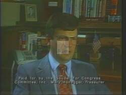 ["In a 1994 political TV ad, Republican Mark Sauter firmly opposes gun control, arguing it doesn't effectively reduce crime. Various scenes show him speaking at podiums, passionately addressing crowds and emphasizing the rights of law-abiding citizens. His consistent message is underscored by visuals including American flags and \"Stop Crime, Not Guns\" banners."]