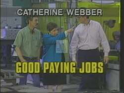 ["In the 1994 political TV ad, Democratic Party candidate Catherine Webber is portrayed confidently addressing diverse and supportive audiences at various campaign rallies. Scenes repeatedly show her at podiums, emphasizing her strength, determination, and dedication to change. In one scene, she speaks to attentive students in a classroom, highlighting her educational focus."]