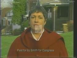 ["In Helen Knipe Smith's 1994 presidential campaign ad, she fervently addresses the need for stricter crime prevention policies. Speaking directly into the camera and from various podiums, Smith conveys her commitment to enhancing safety and leadership. With scenes featuring supportive law enforcement and family, she illustrates her dedication to creating safer neighborhoods through tough legislative action."]