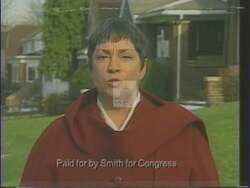 ["In her 1994 campaign ad, Democratic candidate Helen Knipe Smith emphasizes her commitment to community safety and stronger anti-crime measures. Using a backdrop of family photos, the American flag, and campaign banners, Smith speaks passionately at various events about her dedication to fight crime and ensure community security."]