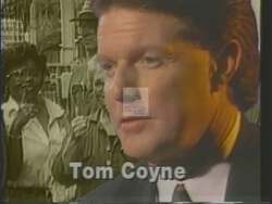 ["In the 1994 political TV ad for Democratic Party candidate Thomas J. Coyne, several scenes depict joyous professional achievements. Individuals are shown celebrating success through handshakes, displaying documents with \"Great Results!\", and enjoying champagne. The ad emphasizes productive collaboration and significant accomplishments in a modern office setting."]
