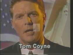 ["In a 1994 political TV ad, Democratic candidate Thomas J. Coyne is shown expressing heartfelt gratitude on stage in multiple scenes. Amidst enthusiastic applause from a visibly moved audience, Coyne gestures appreciatively, smiling warmly and acknowledging their support. The ad consistently portrays an atmosphere of emotional appreciation and joyful celebration."]