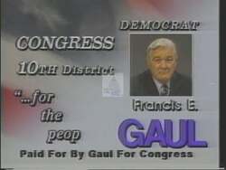 ["The 1994 campaign ad for Francis E. Gall portrays him as a confident, experienced candidate focused on fiscal responsibility and community growth. Throughout the video, Gall stands at podiums addressing supportive crowds, illustrating his readiness to enhance Congress. Images of Gall passionately speaking and campaign banners emphasize his commitment and political aspirations."]