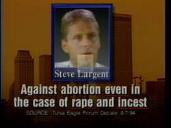 ["The 1994 presidential campaign ad for Stuart Price criticizes his opponent, Steve Largent, portraying him as having radical political positions. The ad emphasizes Largent's controversial stances on abortion, claiming he opposes it in all cases, accuses him of failing to create jobs, and suggests he would negatively impact Medicare. The tone of the ad is serious and critical, using dark visuals and text overlays to underscore the claims."]