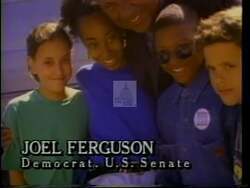 ["The 1994 political TV ad for Democratic candidate Joel Ferguson emphasizes his commitment to education and leadership. Featuring sequences of Ferguson engaging warmly with diverse groups of children in classroom settings, the ad highlights his advocacy for enhanced educational and economic opportunities, with vibrant visuals and passionate speeches, aimed at inspiring trust and hope among voters."]