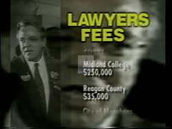 ["In the 1994 campaign ad, Republican Henry Bonilla sharply criticizes his opponent, a trial lawyer, depicting him as a frequent suer of local governments, which portrayed him as profit-driven and harmful to community interests. Through emphatic courtroom imagery, negative captions, and scenes showing citizens��������� dismay, the ad asserts the lawyer's unsuitability for Congress."]