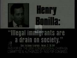 ["The 1994 presidential campaign ad for Democrat Rolando L. Rios targets Republican Henry Bonilla, depicting him as a hypocrite. The ad showcases various scenes of Bonilla at podiums and news exposs, highlighting his illegal employment of a nanny, tax evasion, and voting against tax relief, labeling him \"Hypocrite Henry.\""]