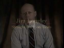 ["In the 1994 TV ad campaign, Republican candidate James Bernard Longley focuses on the heavy tax burdens faced by American families. He emphasizes the adverse impacts of taxes on family life and financial autonomy, drawing from personal and general public experiences. Longley advocates for significant tax reforms to alleviate these stresses, presenting a serious, concerned demeanor against Maine and American flag backdrops. This earnest approach highlights his commitment to reducing fiscal pressures on families."]