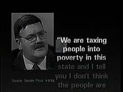 ["The 1994 Republican political ad targets Dennis Dutremble, portraying him as hypocritical on tax policy. The ad repeatedly showcases scenes where Dutremble speaks against tax increases while contrasting these statements with evidence of his votes for significant tax hikes in Maine, emphasizing the discrepancy between his words and actions."]