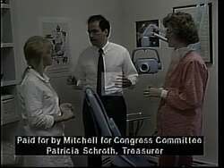 ["In the 1994 campaign ad, Democratic candidate James F. Mitchell highlights his commitment to job creation, showcasing his interactions with local workers across Maine���������s industrial sectors. Mitchell's approachable demeanor and leadership abilities are emphasized as he engages in discussions at shipyards, factories, and town hall meetings, demonstrating his focus on practical job solutions."]