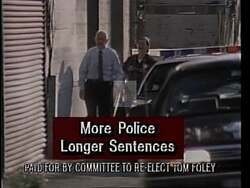 ["In the 1994 political TV ad, Democratic candidate Thomas S. Foley confidently addresses various audiences about his strong commitment to legislative and law reforms. Standing at podiums, he passionately speaks about stringent policies on immigration and public safety, promising robust changes to enhance governance. The ad portrays Foley as a determined and capable leader."]