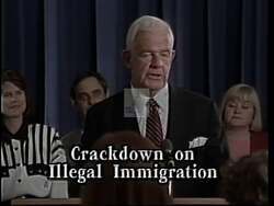 ["In the 1994 campaign ad, Democratic candidate Thomas S. Foley advocates for stringent immigration laws, focusing on expanding border security and accelerating deportations. The ad contrasts Foley���������s assertive stance with opponent George Nethercutt's resistance. Scenes highlight Foley���������s legislative triumphs and strong advocacy at various public forums, emphasizing his commitment to tough immigration policies."]