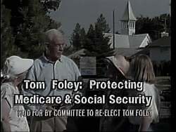 ["The 1994 political TV ad for Democratic candidate Thomas S. Foley targets his opponent George Nethercutt's controversial support for budget cuts endangering Medicare and Social Security. Scenes depict Nethercutt endorsing harsh policies, juxtaposed with Foley defending these crucial programs and portraying him as a protector of vulnerable elderly citizens."]