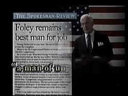 ["In a 1994 political TV ad, Democratic candidate Tom Foley is positively spotlighted with endorsements from The Spokesman Review, praising his integrity, leadership, and bipartisan accomplishments. His opponent, George Nethercutt, is depicted as indecisive and inexperienced. Multiple scenes emphasize Foley's favorable qualities alongside critical evaluations of Nethercutt's capabilities."]