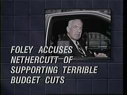 ["In the 1994 campaign ad, Tom Foley repeatedly and inaccurately accuses Republican candidate George R. Nethercutt of supporting harmful budget cuts, portraying Foley as frustrated and disheveled. Contrarily, Nethercutt is depicted positively as a committed family man and community leader, smiling confidently and involved locally, emphasizing his role in supporting community welfare."]