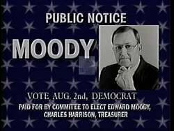 ["In a 1994 campaign ad, Democratic candidate Edward Moody passionately addresses voters, advocating for change and transparency in politics. Positioned confidently against sunny rally sets and American flags, he contrasts himself sharply with opponents, emphasizing his commitment to representing ordinary citizens over entrenched political interests. The ad's vintage aesthetic complements his earnest appeals for a fresh political trajectory."]