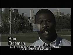 ["In a 1994 presidential campaign TV ad, Republican candidate Ron Freeman forcefully refutes claims made by his opponent, asserting his integrity and emphasizing conservative principles of smaller government. Throughout various scenes, Freeman, depicted in office and podium settings, critically addresses the liberal record of his opponent while sternly promoting trust and conservative values."]