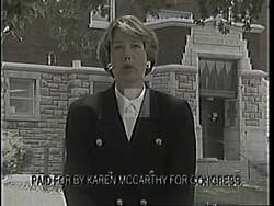 ["In her 1994 presidential campaign ad, Democratic candidate Karen McCarthy emphatically addresses the urgent need for stricter gun control to ensure the safety of schools. Appearing in various educational settings, she fervently advocates for legislative action against the gun lobby and calls for an environment where children can feel secure without the threat of gun violence."]