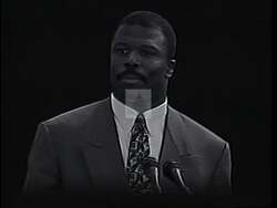 ["In the 1994 presidential campaign ad for Democratic Party candidate Karen McCarthy, scenes portray Karen McCarthy's opponent, Ron Freeman, in various settings demonstrating his aggressive demeanor and radical economic policy stances. Tagged as \"Too Extreme for Missouri,\" the ad underscores Freeman���������s confrontational defense of controversial positions on wage cuts, tax reforms, and Medicare, aiming to depict him as unfavorably radical and unsuitable for Missouri."]