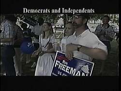 ["The 1994 political TV ad for Republican candidate Ron Freeman showcases a series of Democrats supporting him, emphasizing his values, integrity, and independent thinking. Both men and women of various ages express their cross-party backing, highlighting a strong appeal to voters seeking bipartisan solutions and character in leadership."]