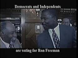 ["In the 1994 political TV ad, Republican candidate Ron Freeman is endorsed across a series of scenes highlighting his integrity and appeal beyond party lines. Speakers, including diverse groups of voters, advocate for Freeman, emphasizing character and the desire for change, illustrating a broad and inclusive support base."]