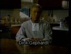 ["Dick Gephardt's 1992 campaign ad highlights the struggles of a worried father in a hospital waiting room, facing the daunting challenge of his son's medical costs. The ad uses repetitive scenes of the father's distress to emphasize the emotional and financial burdens of healthcare, advocating for reform to relieve such familial stress."]