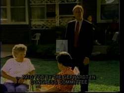 ["In his 1992 campaign ad, Democrat Richard Andrew Gephardt vigorously defends Social Security, criticizing his opponent's proposed cuts. Gephardt speaks at various events, passionately arguing the moral obligation to protect the program, emphasizing its importance during debates and podium speeches, and showcasing his commitment to senior citizens' welfare."]