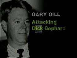 ["In the 1994 presidential campaign ad for Dick Gephardt, scenes depict his opponent Gary Gill in various defensive postures during debates and speeches. The ad highlights Gill's ethical lapses, focusing on undisclosed financial involvements and inconsistencies in his political stance, accompanied by critical headlines and documents, portraying Gill as untrustworthy and hypocritical."]