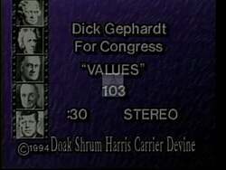 ["In a 1994 political TV ad, Democratic presidential candidate Dick Gephardt showcases his leadership qualities and passion for strong community values. Addressing multiple crowds, Gephardt emphasizes community safety, welfare reform, and the need for robust crime laws. His consistent, determined stance in various settings underscores his commitment to enhancing public safety and community support."]
