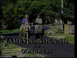 ["In the 1994 presidential campaign ad, Republican candidate James A. Noland powerfully addresses gatherings across Missouri, emphasizing the need to counter liberal activism and preserve American values. Scenes depict Noland passionately speaking at rallies, backed by American flags and engaged crowds, reinforcing his commitment to conservative principles and patriotic duty."]