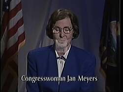 ["In her 1994 presidential campaign ad, Republican candidate Jan Meyers earnestly addresses the camera across various settings, emphasizing her legislative accomplishments and dedication to fiscal responsibility, national security, and welfare reform. She appeals to viewers for their votes, showcasing her integrity and commitment to strengthening economic and military capabilities."]