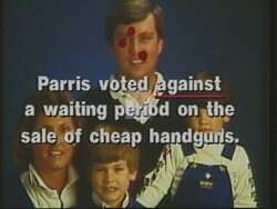 ["In this 1988 political ad from David Guy Brickley's campaign, visuals of mourning families at police memorials juxtapose with Stan Paris's controversial votes on handgun access, urging voters to consider the impact of gun violence and the need for policy change aligned with police recommendations for safer communities."]