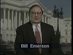 ["In a 1994 political ad, Republican Bill Emerson vehemently campaigns against high taxes and government overreach, promoting fiscal responsibility. He's seen passionately debating in Congress, rallying supporters at various podiums, and advocating for a balanced budget. Visuals emphasize his fervor, with American flags and emphatic gestures underscoring his conservative fiscal message."]
