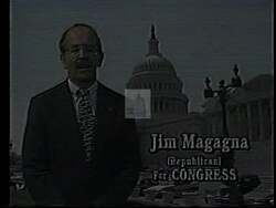 ["In his 1994 presidential campaign ad, Republican candidate Jim McGagnon stands confidently, presenting his vision with American and Wyoming backdrops. Dressed smartly, he appeals earnestly to voters, promoting his leadership qualities. Visuals include scenic landscapes, professional settings, and political rallies, highlighting his commitment to represent Wyoming on a national stage."]