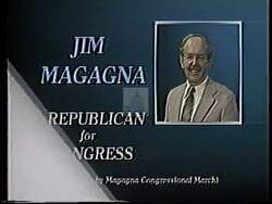 ["In the 1994 political TV ad, Republican Jim Magagna passionately advocates for state control in crime prevention, emphasizing his dedication to the safety of Wyoming. Throughout the ad, depicted against scenic backdrops of Wyoming, Magagna appears determined and focused as he champions stronger state-led crime policies and states' rights."]
