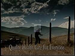 ["In the 1994 presidential campaign ad, Democratic candidate Jon Herschler is depicted across various Wyoming landscapes, promoting his commitment to leadership, healthcare reform, and community engagement. Scenes include Herschler speaking confidently to crowds and listening attentively in a hospital room, emphasizing his dedication, compassion, and grassroots ethos. His focus is on transformative political and healthcare changes."]