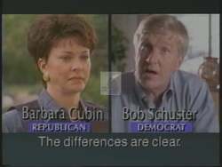 ["In her 1994 presidential campaign ad, Republican Barbara L. Cubin highlights her fiscal conservatism against Democrat Bob Schuster's pro-tax stance. Using various scenes at podiums and debates, the ad emphasizes Cubin���������s staunch anti-tax philosophy and portrays her as a patriotic, steadfast candidate committed to opposing tax increases."]