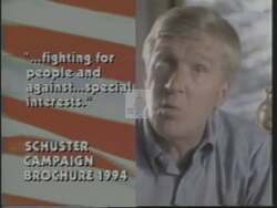 ["In the 1994 political TV advertisement for Barbara L. Cubin's presidential campaign, Bob Schuster is portrayed humorously in various contrasting scenes. The ad highlights his contradictory positions and changing political stances by showing him in dual roles: \"Candidate Bob\" and \"Old Bob.\" It emphasizes his inconsistent views and political opportunism, using split screens and contrasting captions, designed like a sales advertisement, indicating a 'sale' ending on Election Day, November 8."]