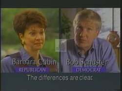 ["In a 1994 TV ad for her presidential campaign, Republican Barbara L. Cubin highlights her political stances in contrast to opponent Bob Schuster. The ad features scenes of Cubin speaking confidently at various podiums with campaign banners, emphasizing her fiscal responsibility, while juxtaposed images and text emphasize the differences with Schuster's policies, portraying Cubin positively."]