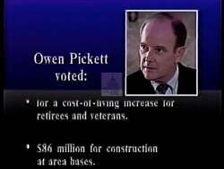 ["In the 1994 presidential campaign ad, Democratic candidate Owen Bradford Pickett is portrayed as a steadfast supporter of the military and veterans. The ad effectively counters opponent Jim Chapman's attacks, depicting him in various states of distress and defeat under overwhelming evidence of Pickett's positive legislative record. Through symbolic visuals, Chapman appears discredited and overwhelmed, unable to substantiate his criticisms against Pickett's well-documented support for veteran and military issues."]