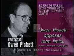 ["The 1994 political TV ad for Republican candidate IV Chapman critiques Democrat Owen Pickett, showcasing scenes that highlight his political alignment and voting similarities with then-President Bill Clinton. The ad uses text overlays and juxtapositions to underscore Pickett's perceived political congruence with Clinton, portraying it negatively to appeal to viewers against Clinton's policies."]
