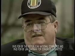 ["In the 1994 presidential campaign ad, Republican Party candidate Jim Chapman is portrayed as a figure of professionalism and integrity. The ad features Chapman confidently addressing diverse audiences, discussing ethics, integrity, and future planning, always professionally attired and exuding leadership qualities. His setting often includes legal books, emphasizing his legal expertise."]